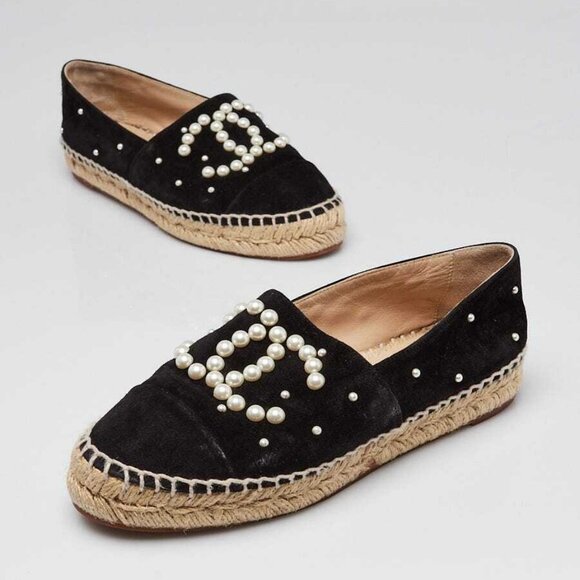 Chanel Black Suede and Faux Pearl CC Espadrille Flats Size 4.5/35 - Picture 2 of 5